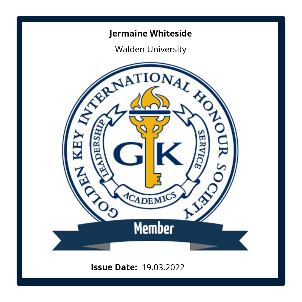 Golden Key International Honour Society member badge issued to Jermaine Whiteside